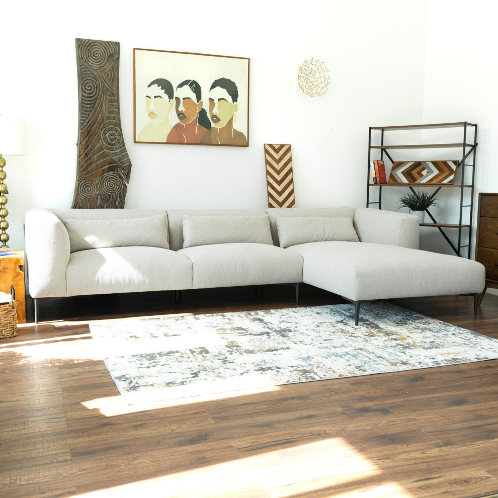 Savoy Mid-Century Modern L-Shaped Linen Fabric Right-Facing Sectional, Cream