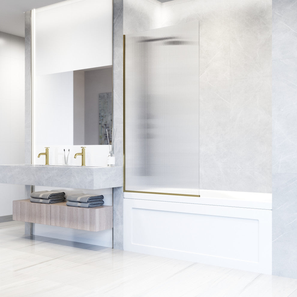 VIGO Zenith Frameless Fixed, Matte Brushed Gold, Tub Screen, 34" W X 62" H, Fluted Glass