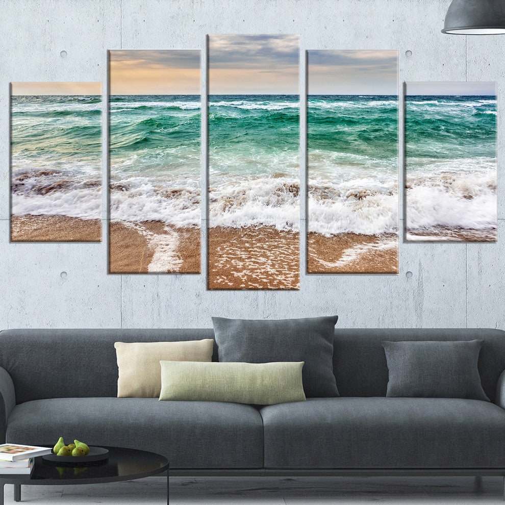 "Crystal Clear Blue Foaming Waves" Seashore Canvas Wall Art, 5 Panels, 60"x32"
