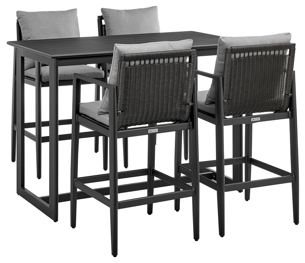 Cayman Outdoor Patio 5-Piece Bar Table Set, Aluminum With Gray Cushions