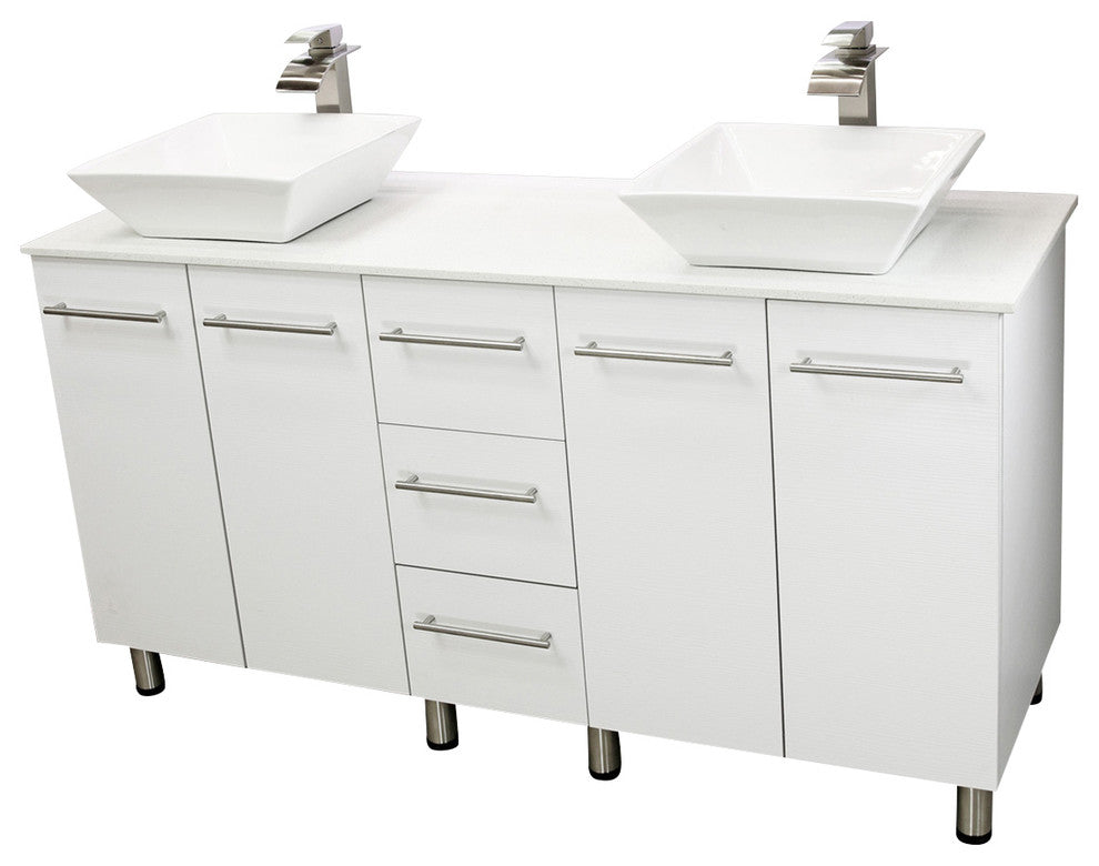 Windbay 60" Free Standing Double Vanity, White, White Stone Flat Countertop