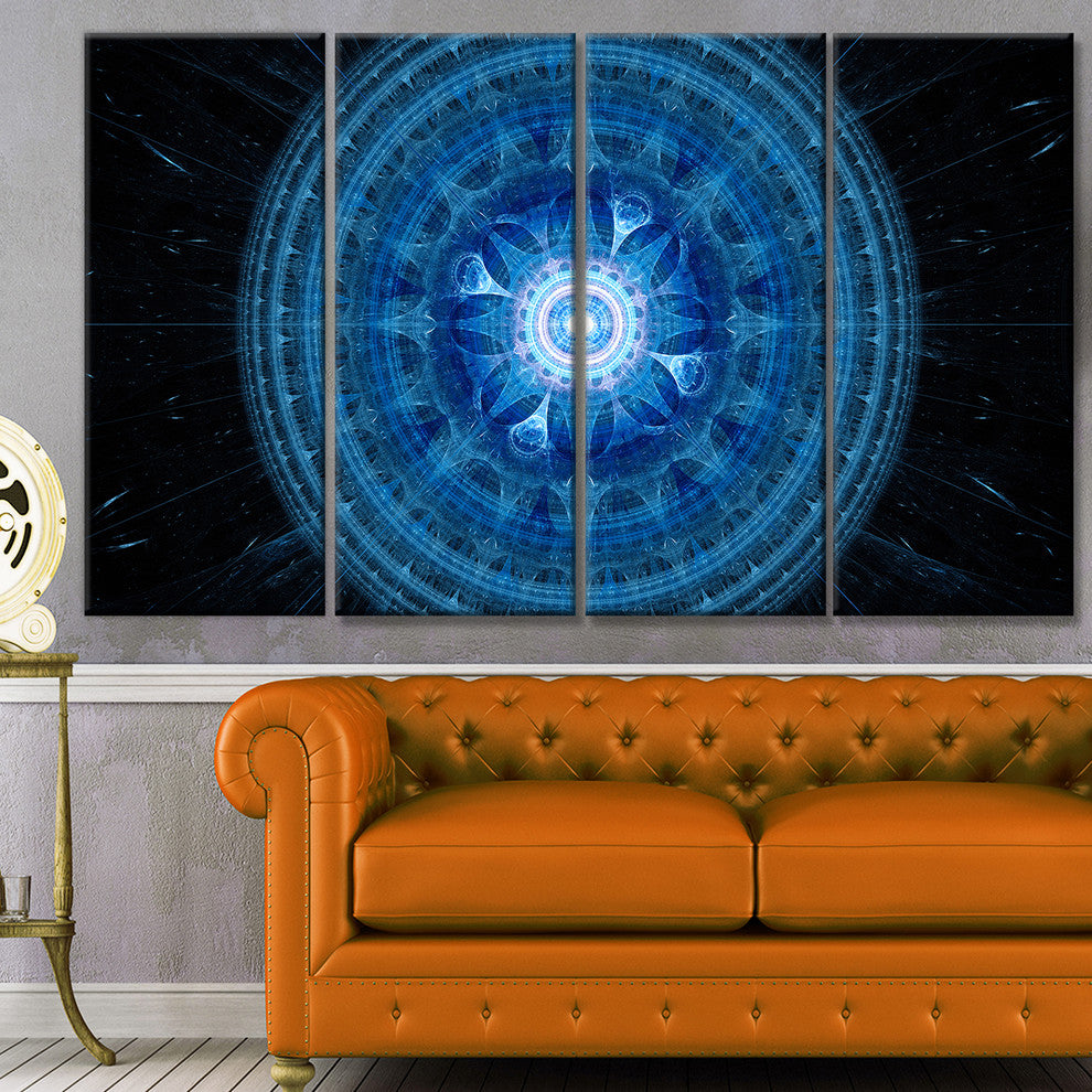 Bright Blue Fractal Sphere, Abstract Wall Art Canvas, 48"x28", 4 Panels