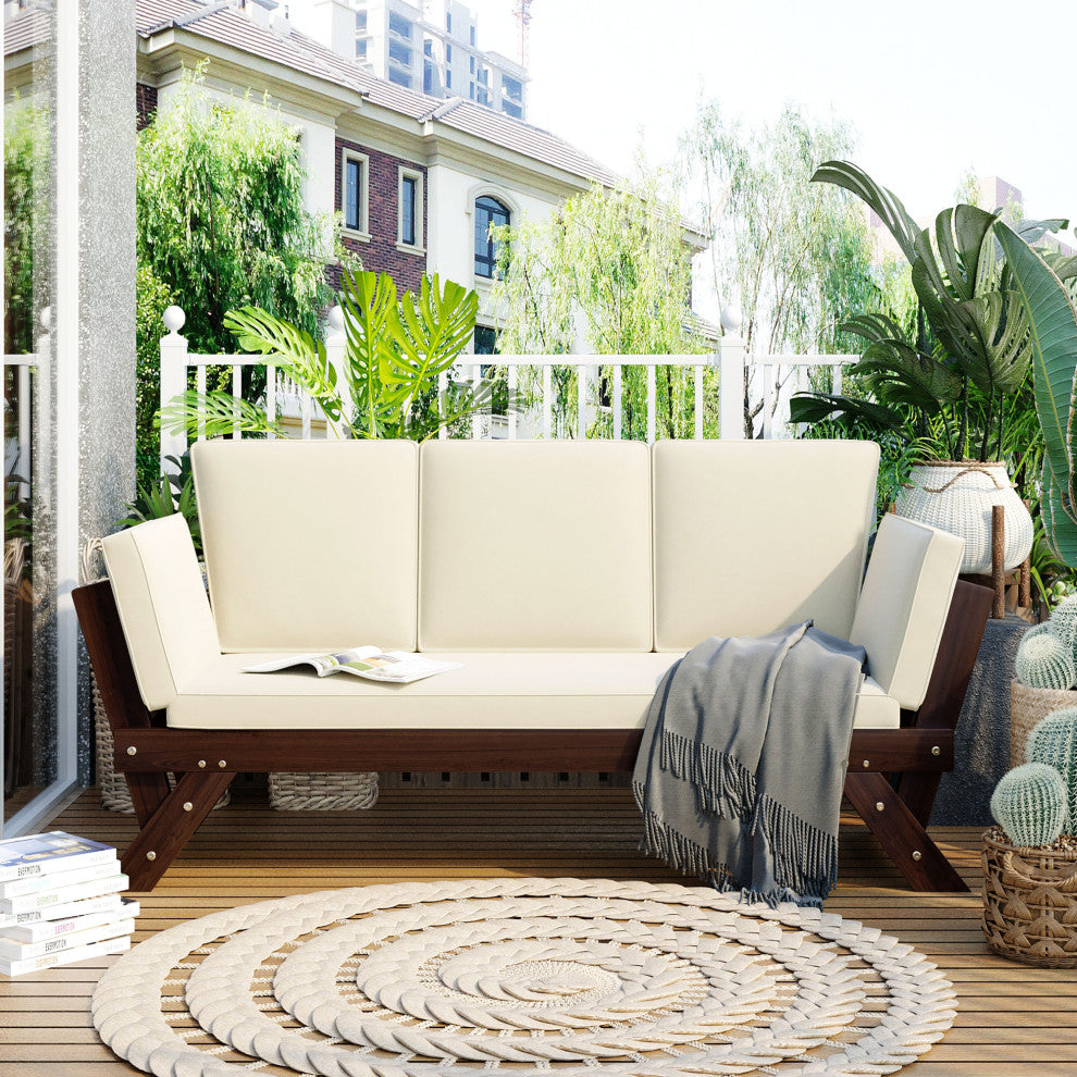 Outdoor Adjustable Wooden Patio Daybed Sofa Chaise Lounge With Cushions, Beige