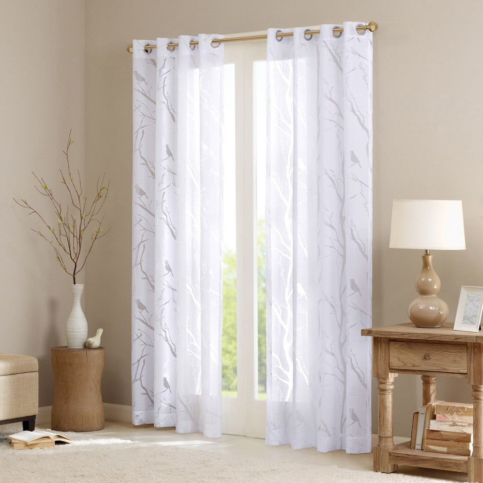 Madison Park Averil Devore Bird Sheer Window Curtain Panel, White