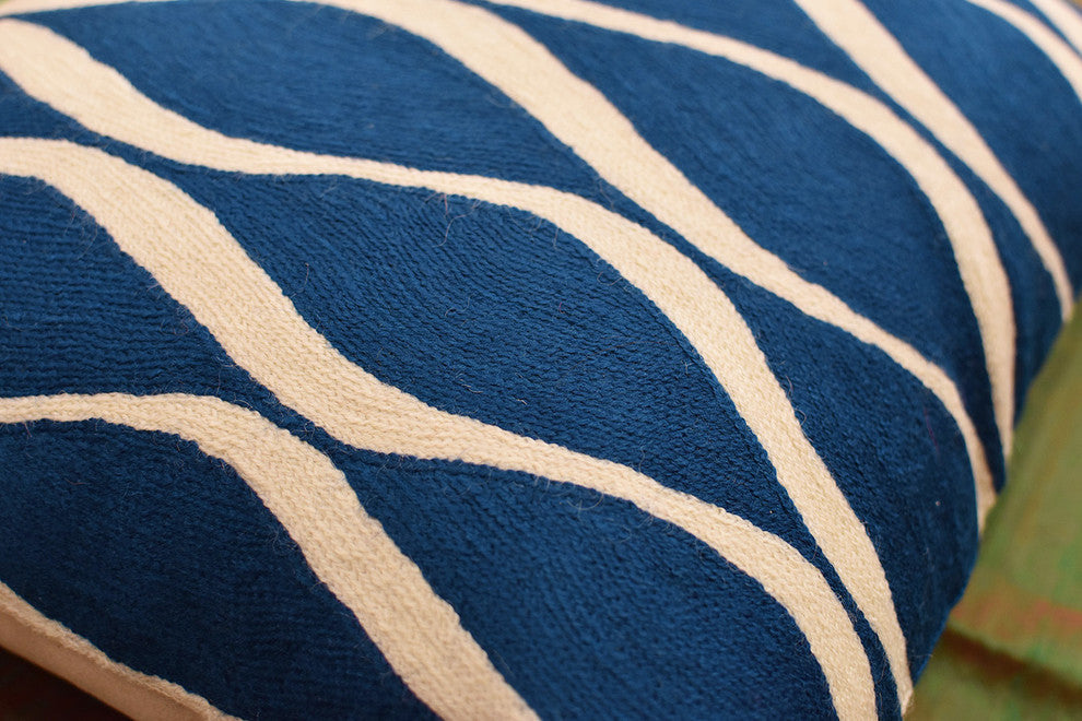 Contemporary Waves Midnight Blue Decorative Pillow Cover Handmade Wool 18x18"