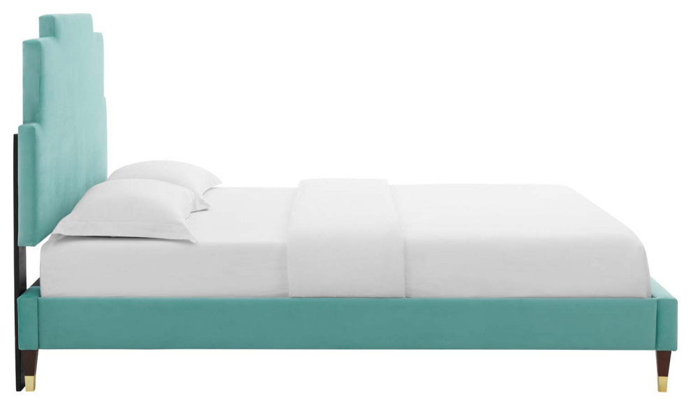 Platform Bed Frame, King Size, Velvet, Blue, Modern Contemporary, Bedroom Master