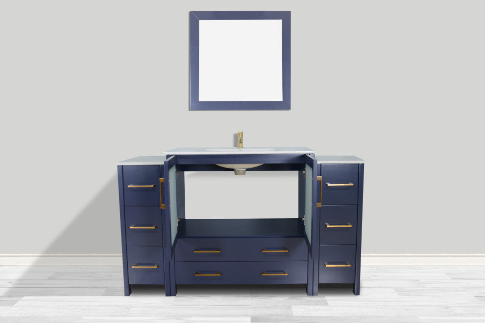 Vanity Art Single Vanity Set With Ceramic Top, 60", Blue, Led Sensor-Switch Mirror