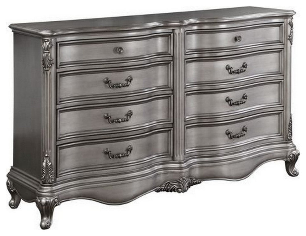 Benzara BM279138 68" 8 Drawer Wood Dresser Carved Embellishments, Antique Silver