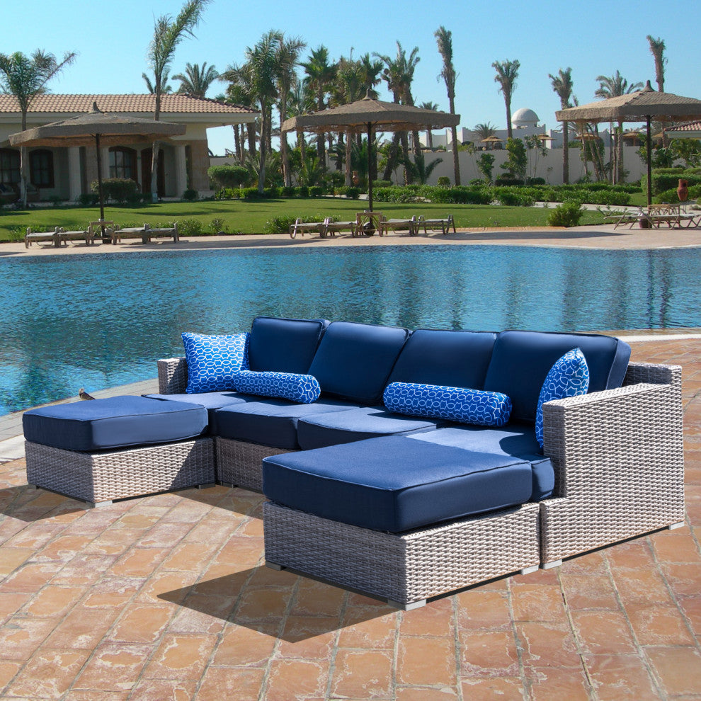 Polyethylene (PE) Wicker 6 Piece Patio Furniture Set, Fully Assembled, Navy Blue