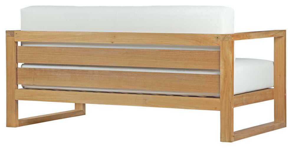 Sectional Sofa Chair Table Set, White Natural, Teak Wood, Modern, Outdoor Patio