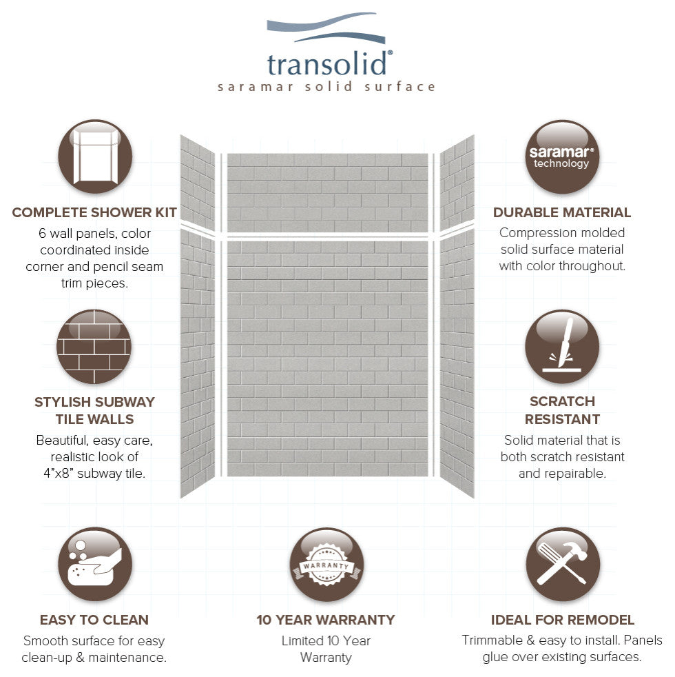 Transolid SaraMar 60"x36"x96" 6-Piece Shower Wall Kit with Extension, Grey Beach