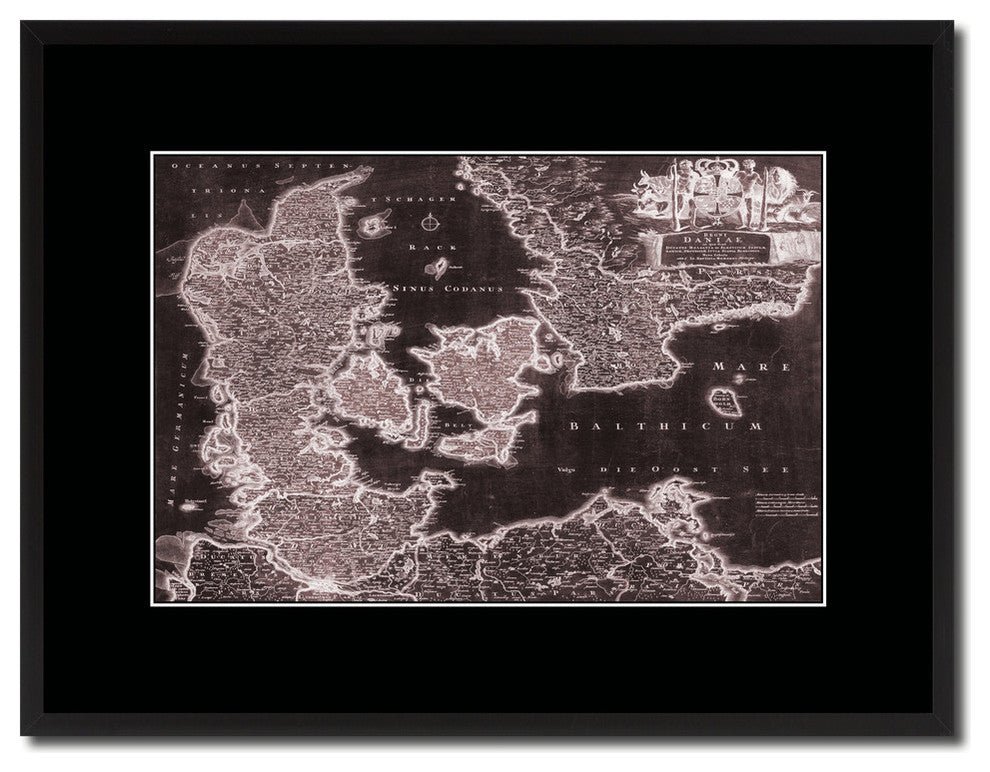 Denmark Centuries Vivid Sepia Map Print On Canvas With Black Frame, 16" X 21"