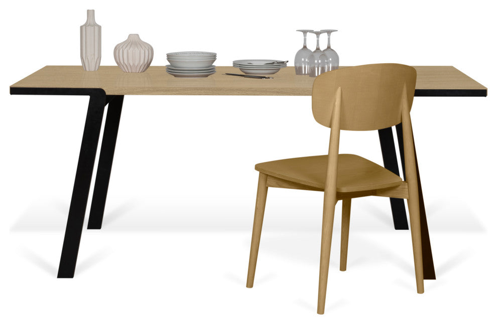 Modern Minimal Wood Top Metal Leg Dining Table, Oak/Black