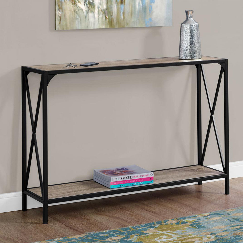 HomeRoots 12" x 48" x 32" Dark Taupe Finish and Black Metal Accent Table