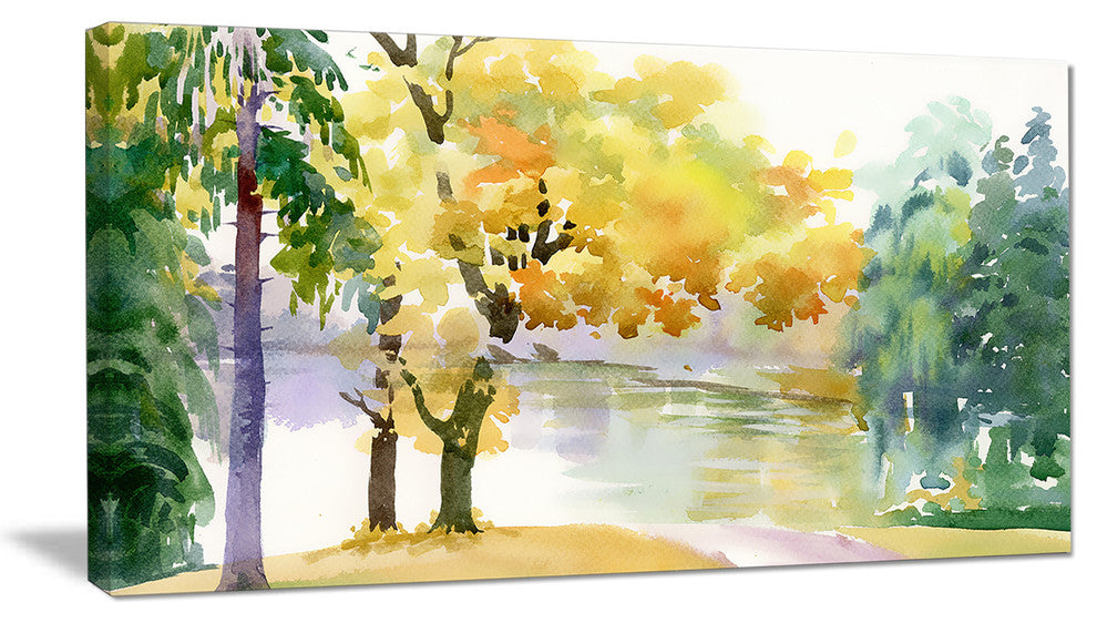 "Beautiful Autumn Forest Watercolor" Landscape Wall Art Canvas Print, 32"x16"