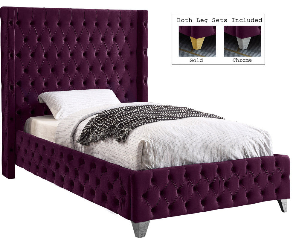 Savan Velvet Upholstered Bed, Purple, Twin