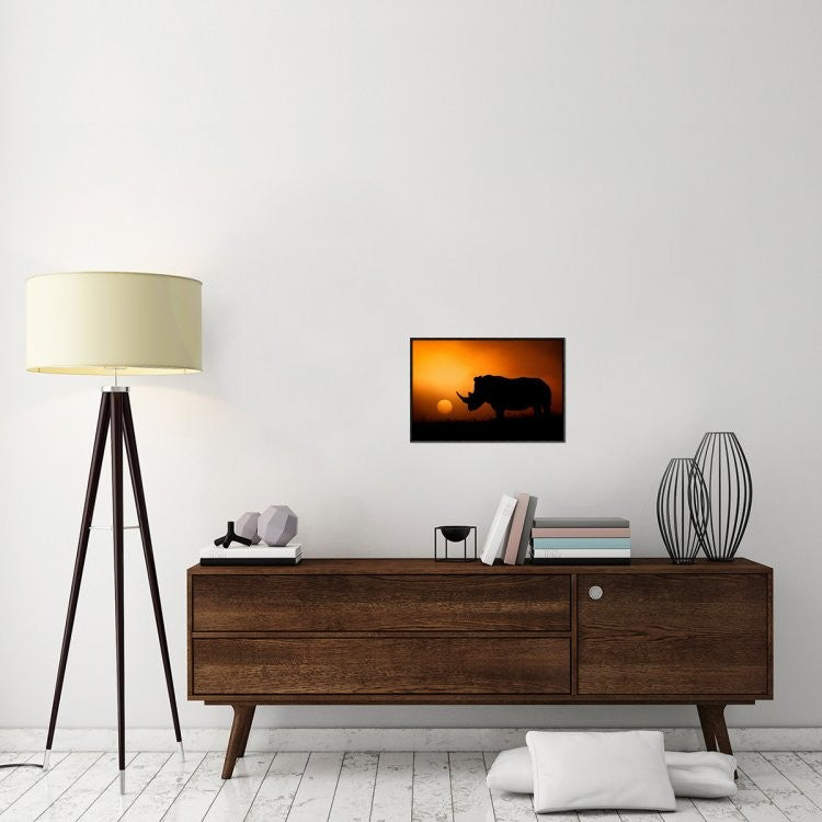 "Rhino Sunrise" Framed Canvas Giclee by Mario Moreno, 23x16"