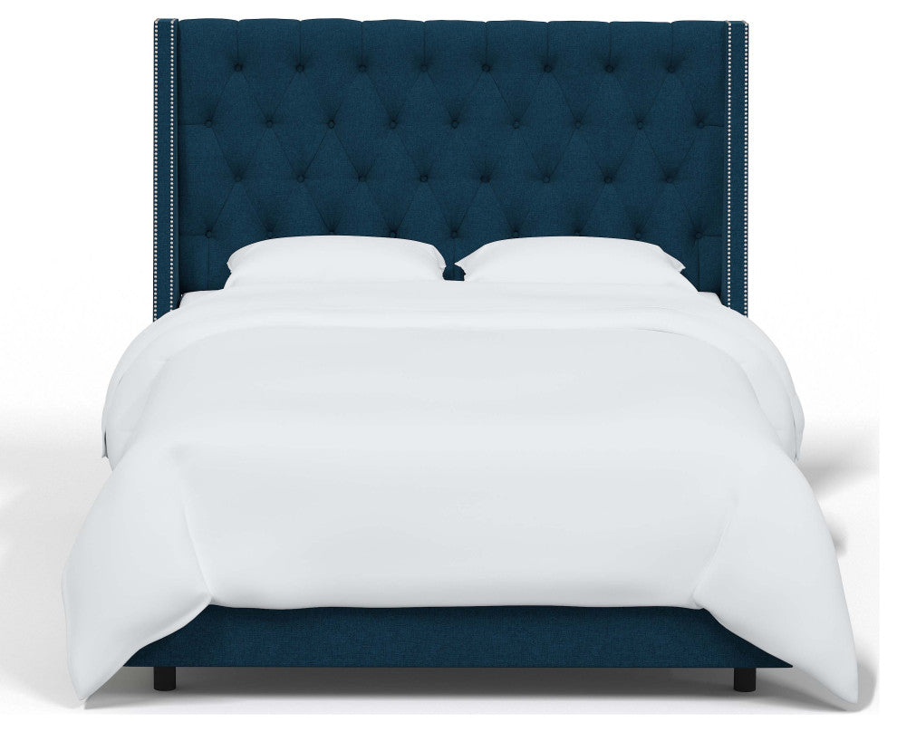 Tufted Sloped Wingback Bed, Nail Trim, Zuma Navy, California King