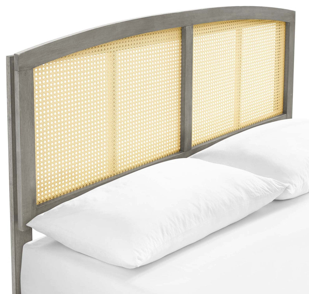 Cane Bed, Woven Rattan Bed, Art Moderne Curve Platform Bed, Grey, Full