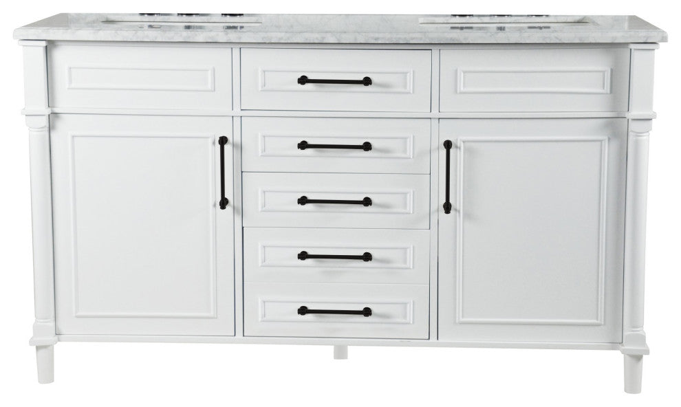 60" Double Vanity, White With White Carrara Marble Top