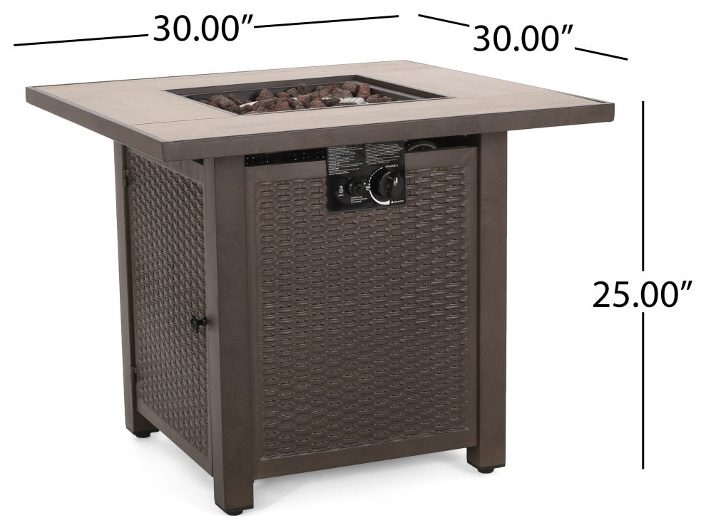 Larry Outdoor 40,000 BTU Iron Square Fire Pit, Dark Brown/Brown Wood Grain