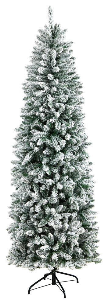 7' Slim Flocked Montreal Fir Artificial Christmas Tree, 300 Warm White LEDs
