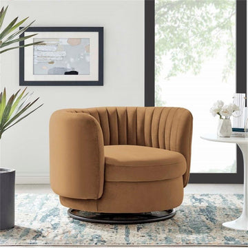 Embrace Tufted Performance Velvet Performance Velvet Swivel Chair, Black Cognac