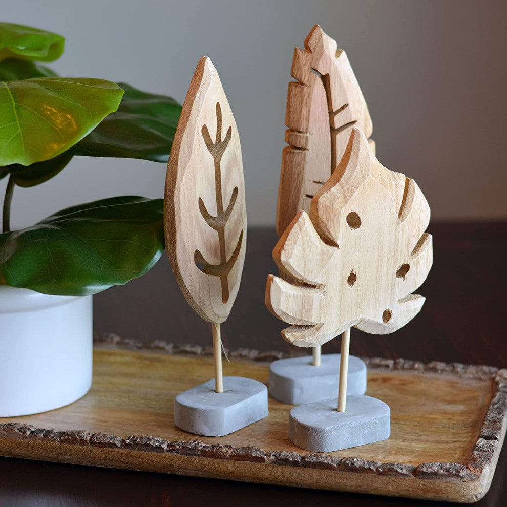 3 Piece Carved Wooden Leaf Figurines