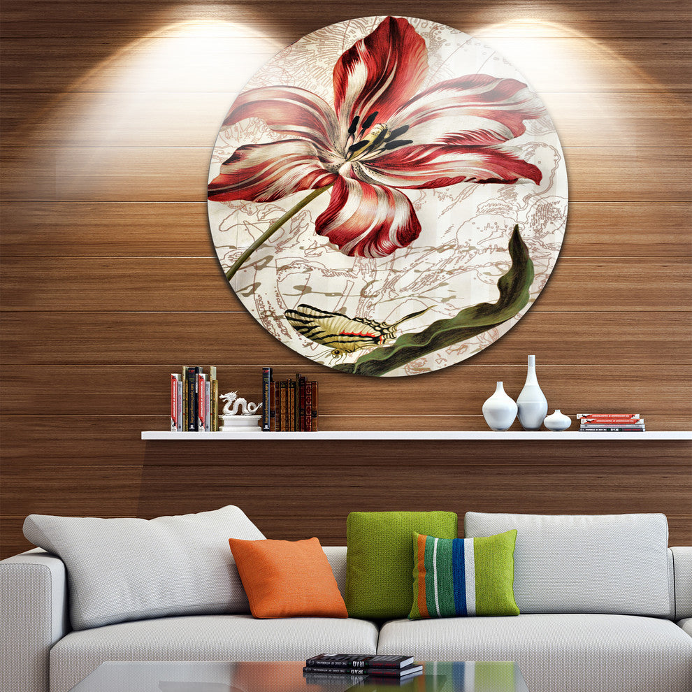 Red Floral Pattern With Butterfly, Floral Disc Metal Wall Art, 38"