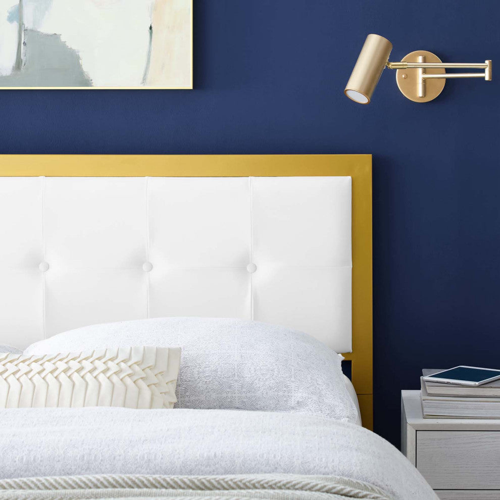 Tufted Headboard, Twin Size, Velvet, Metal, Gold White, Modern Contemporary