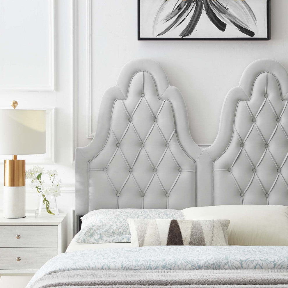 Tufted Headboard, King Size, Velvet, Light Gray, Modern Contemporary