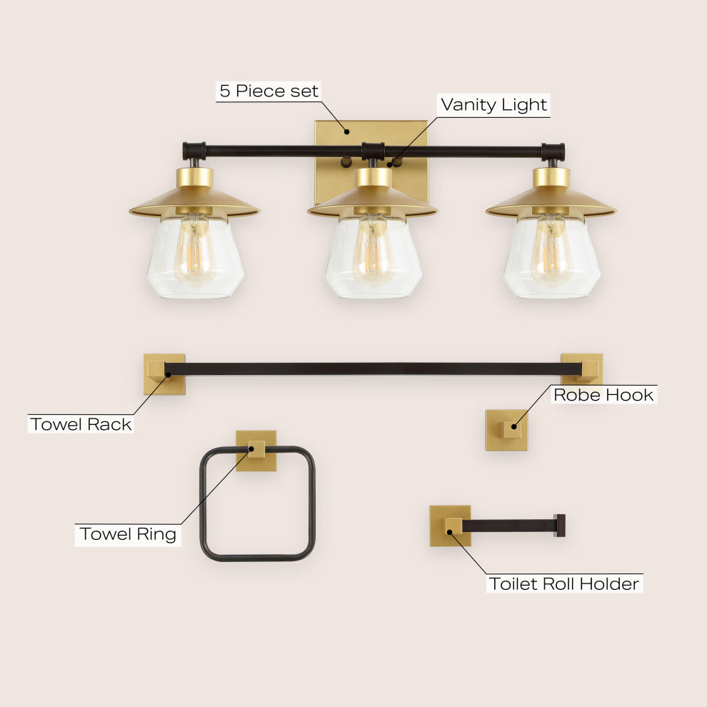 3-Light Cottage Vanity Light With Bathroom Hardware Accessory Set, 5-Piece