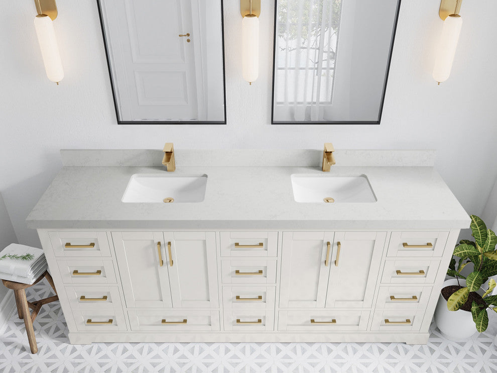 Boston 84" Double Sink Bath Vanity in Alabaster 2" Carrara Quartz