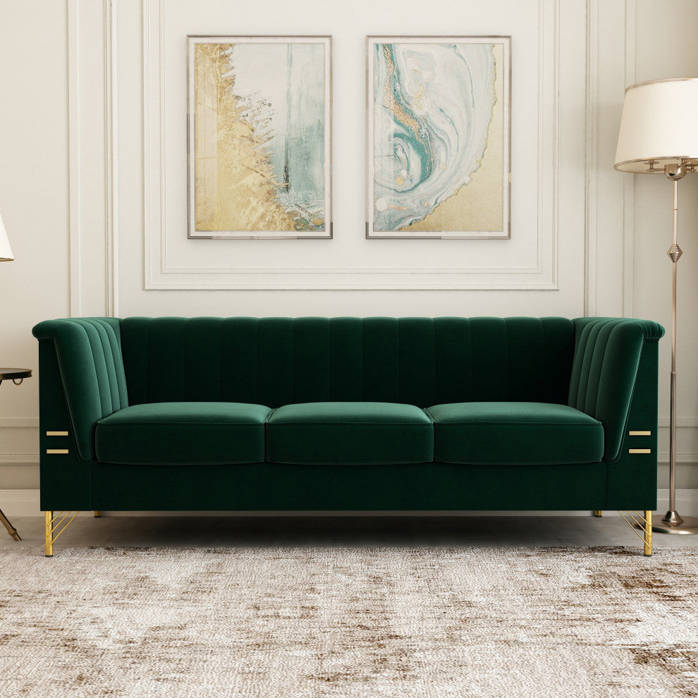83.4'' Tuxedo Velvet Arm Sofa with Gold Leg, Green