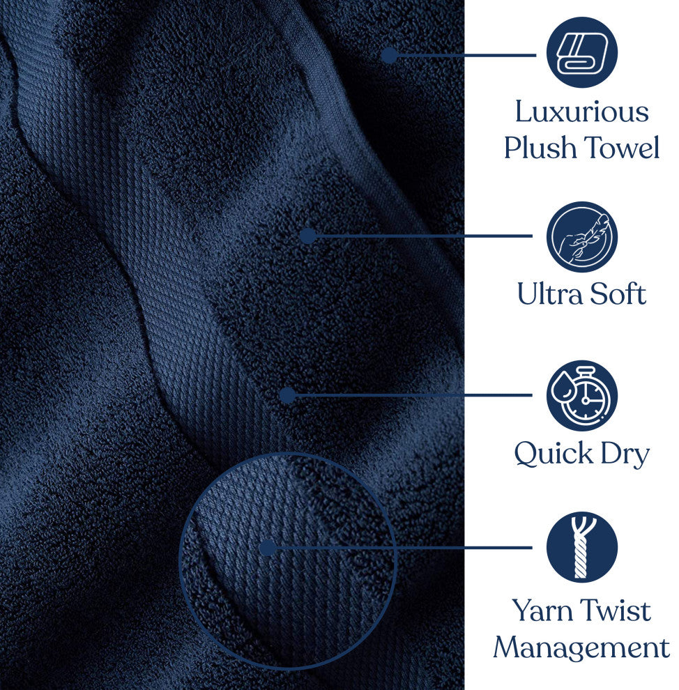 Delara 100% Organic Cotton Plush Hand Towels, Set of 2, 20"x30", Navy Blue
