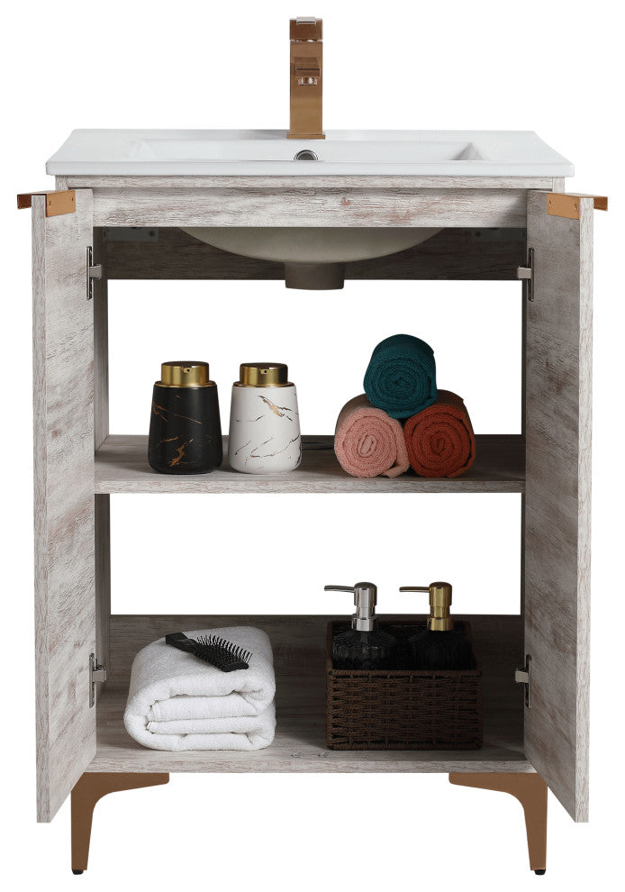 Wilmington Bath Vanity, Rustic White, 24 Inch, Rose Gold Hardware
