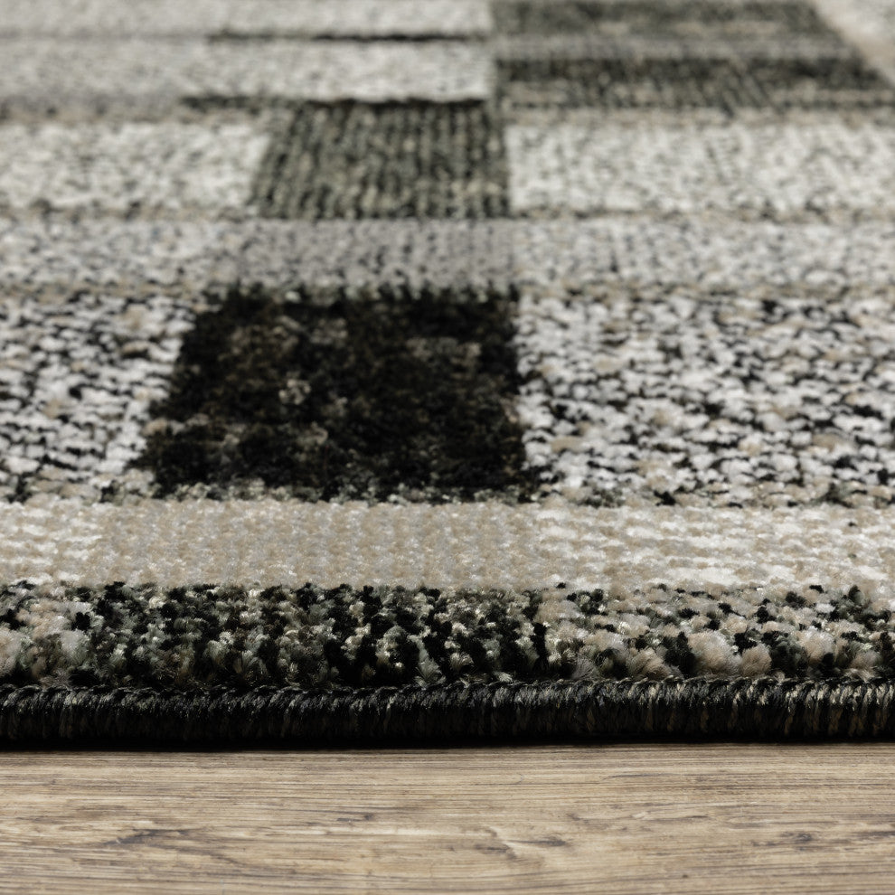 Aegina Distressed Plaid Area Rug, Black/ Grey, 2'3" X 8'