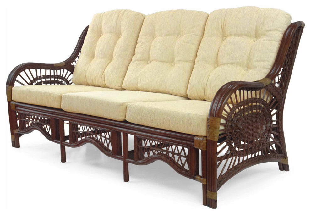 Malibu Handmade 3-Seater Sofa Natural Rattan Wicker, Dark Brown, Cream Cushion