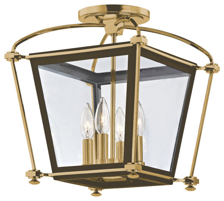 Hollis, Four Light Semi Flush, Aged Brass Finish, Clear Glass Shade