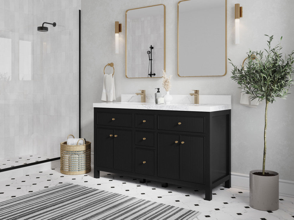 Sonoma 60 Double Sink Reeded Bathroom Vanity in Black 2" Calacatta Laza
