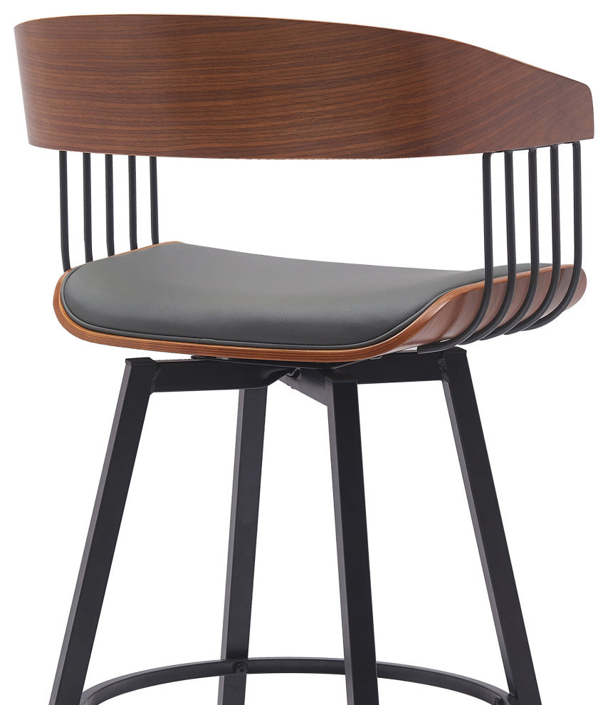 Athena Swivel Walnut Wood Counter Stool Gray Faux Leather With Black Metal, 27"