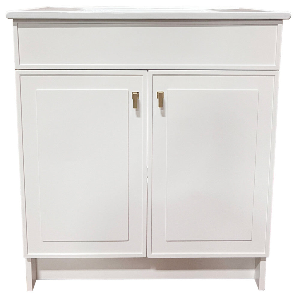 SmartFold 31" Single Sink Vanity, White With White Ceramic Top, Brushed Gold