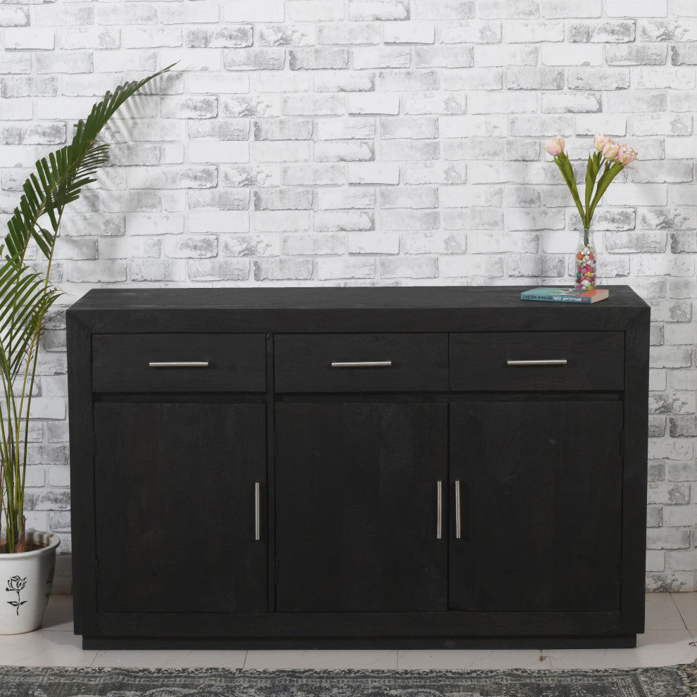 Fernious 3 Drawer 3 Door Sideboard, Dark Gray Finish on Mango Solid Wood