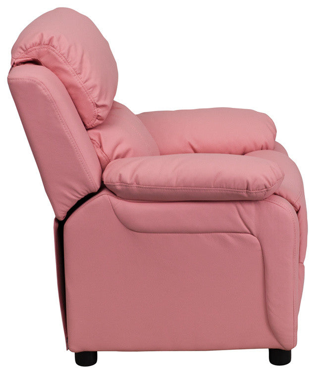 Deluxe Padded Contemporary Pink Vinyl Kids Recliner With Storage Arms