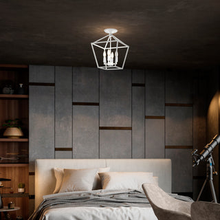 12 in. 4-Light Farmhouse White Semi- Flush Mount Ceiling Light With Caged Shade