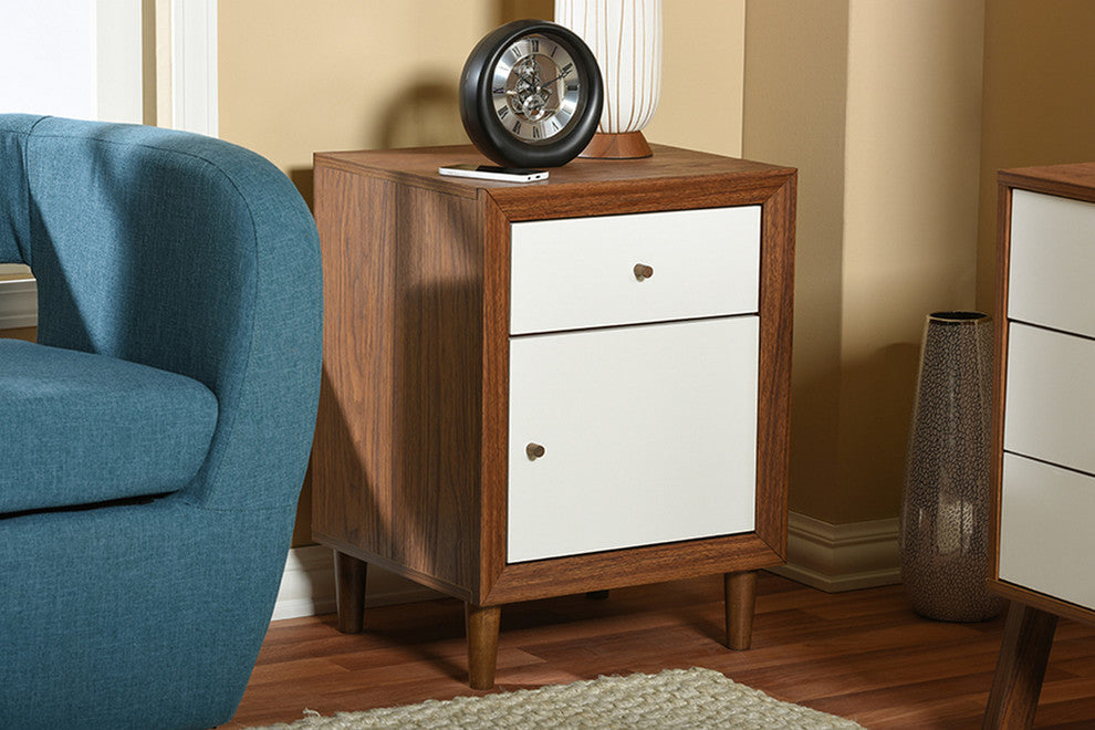 Urban Designs Harlow White and Walnut Wood 1-drawer and 1-door Nightstand