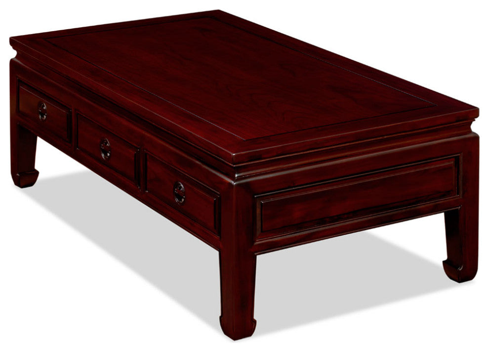 Dark Cherry Elmwood Rectangular Chinese Ming Coffee Table Three Drawers