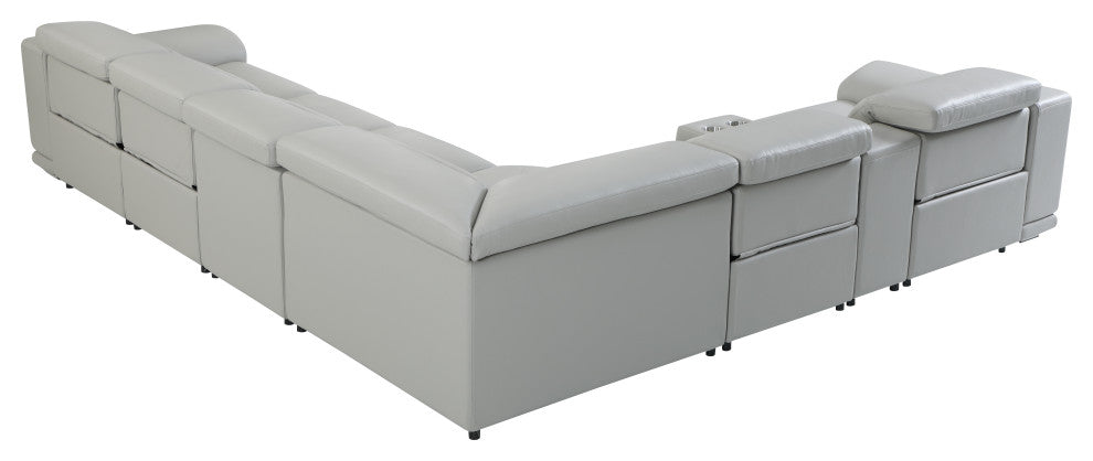 Federico 7-Piece L-Shaped Top Grain Italian Leather Sectional-4 Power Recliners, Light Gray