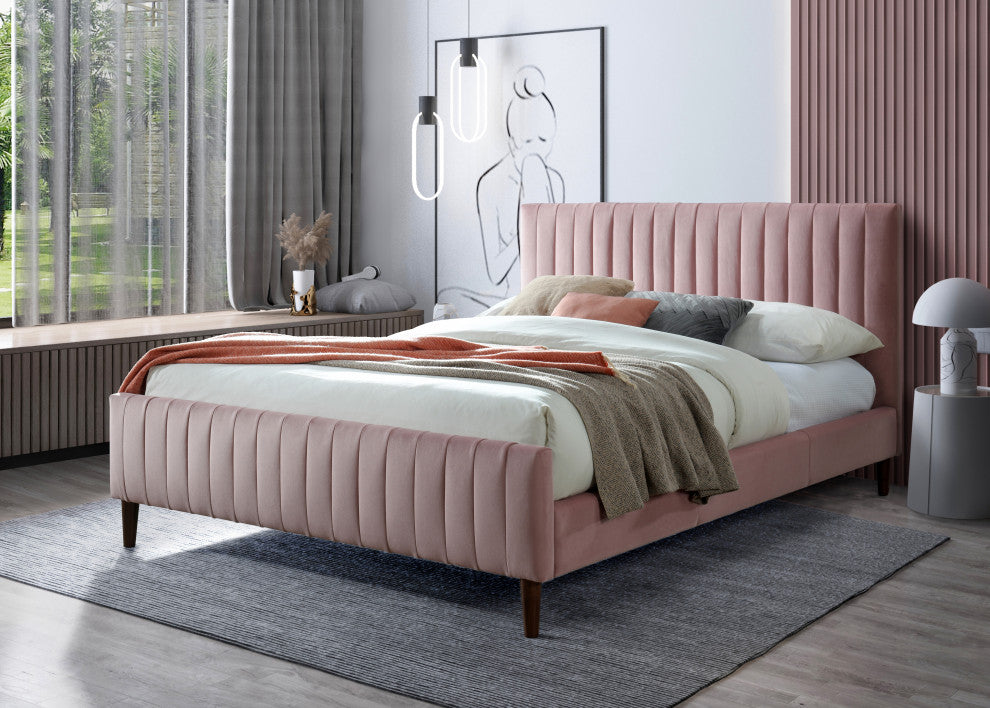 Omax Decor Spencer Upholstered Platform Bed, Blush Velvet, Queen