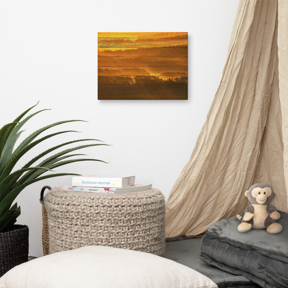 Faux Wood Golden Mist Valley - Hills & Mountain Range Canvas Prints, 12" X 16"